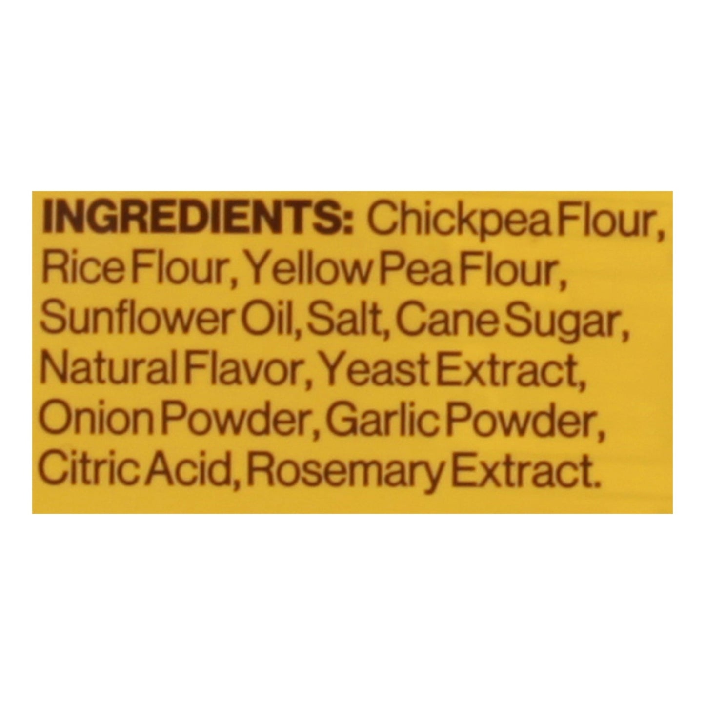 Hippeas Vegan White Cheddar Chickpea Puffs ingredients label showing chickpea flour, rice flour, yellow pea flour, sunflower oil, salt, cane sugar, natural flavor, yeast extract, onion powder, garlic powder, citric acid, rosemary extract.