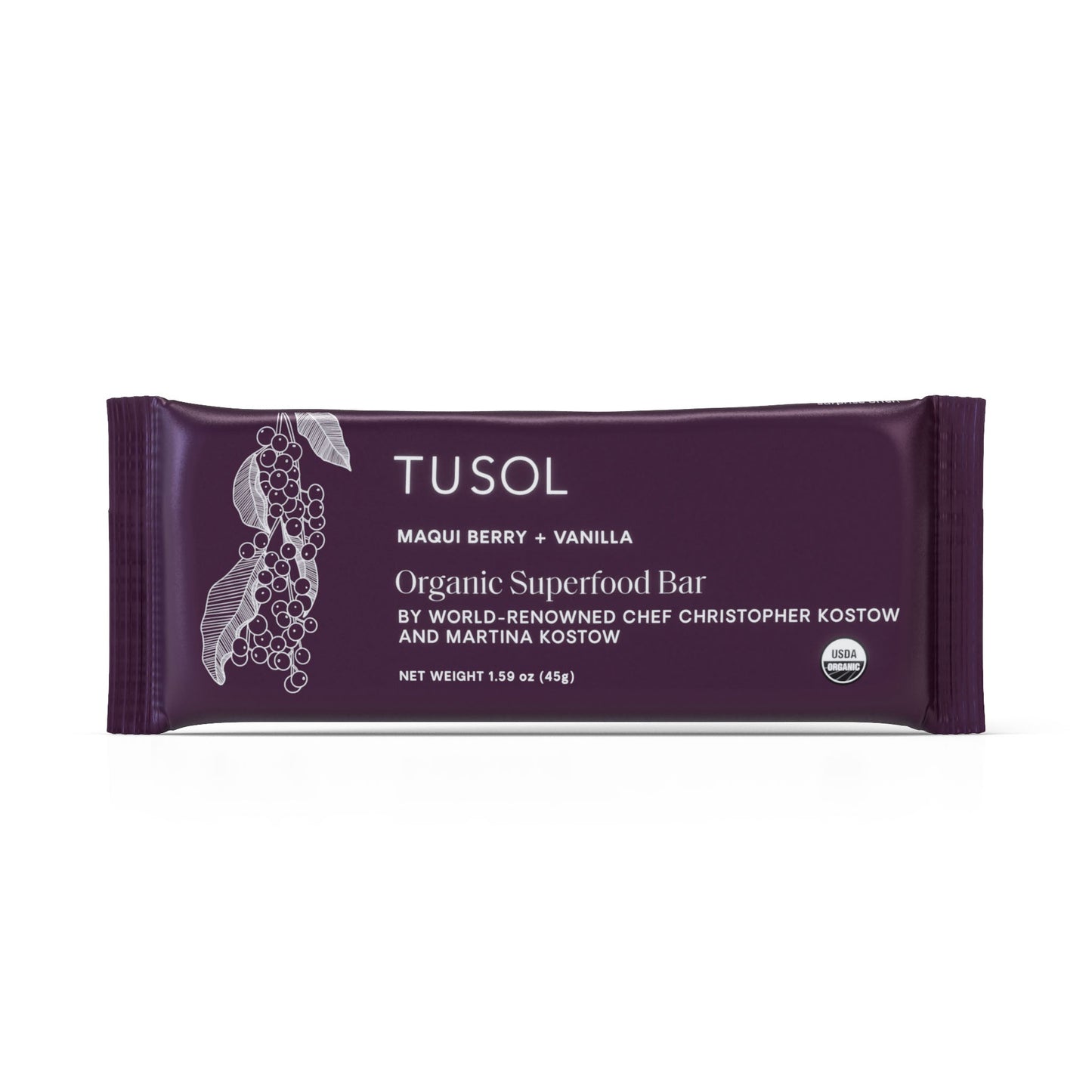 Maqui Berry + Vanilla organic superfood protein bar by TUSOL with clean, natural ingredients and plant-based protein