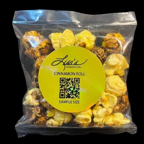 Sample size bag of Lisa's Cinnamon Roll Popcorn with candied cinnamon and vanilla flavors