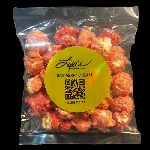 Sample size bag of Raspberry Dream Popcorn coated with white chocolate and raspberry flavor