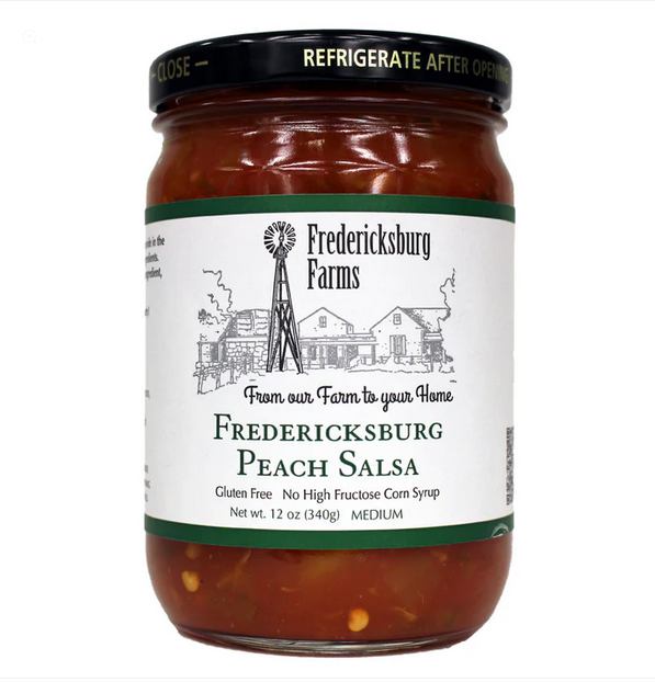 Fredericksburg Farms Peach Salsa jar with country spreads label