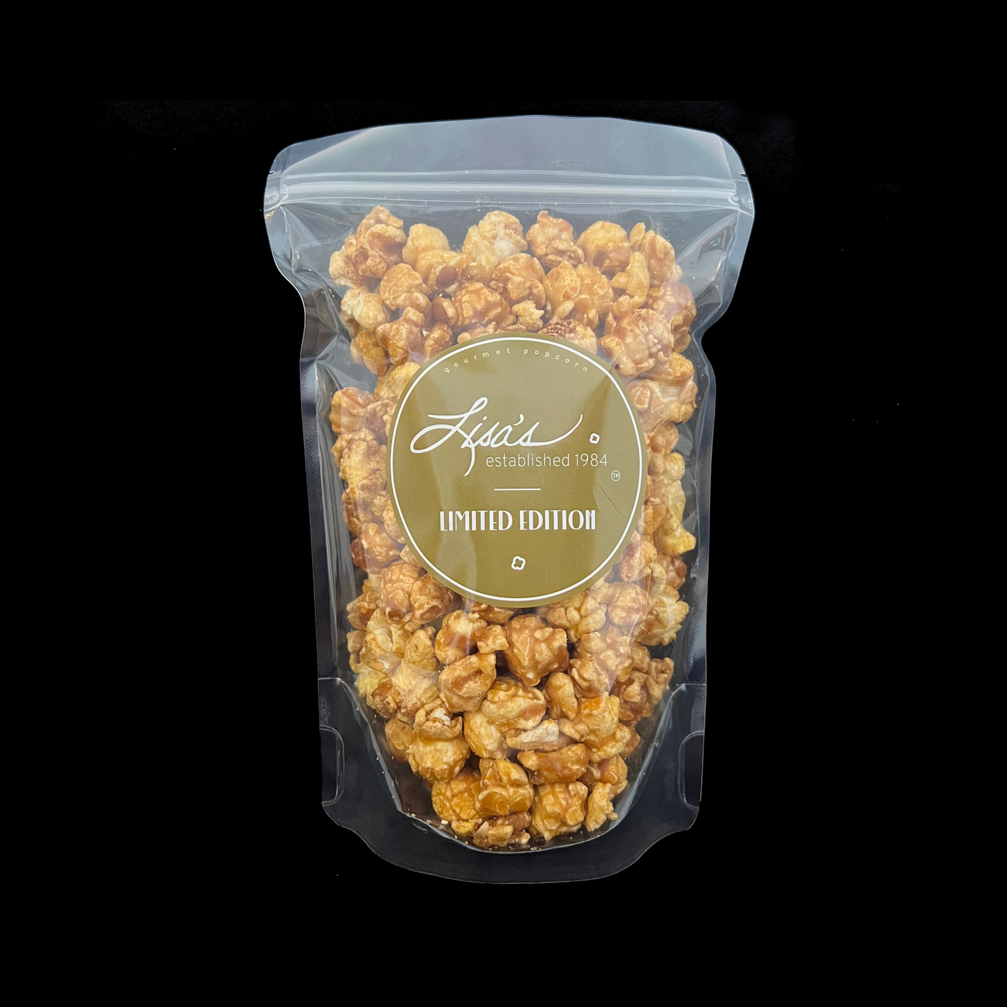 Limited edition Churro Popcorn in a clear resealable bag with caramel and cinnamon sugar coating