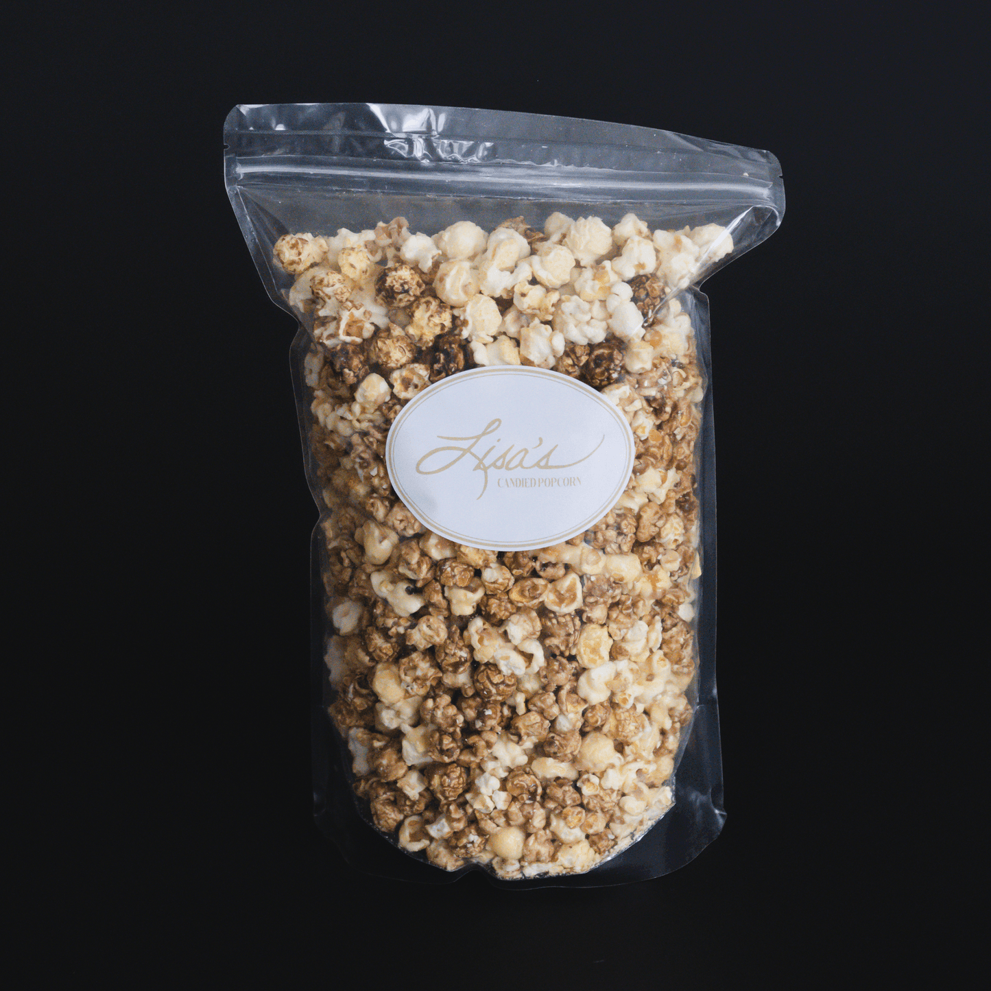 Cinnamon Roll Popcorn in clear resealable bag with candied cinnamon and vanilla flavoring