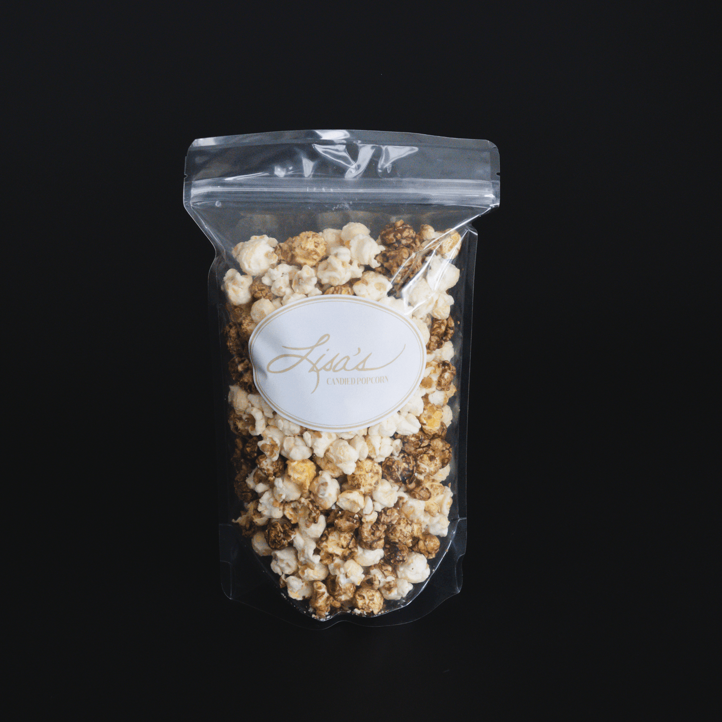 Cinnamon Roll Popcorn in clear resealable bag with candied cinnamon and vanilla flavors