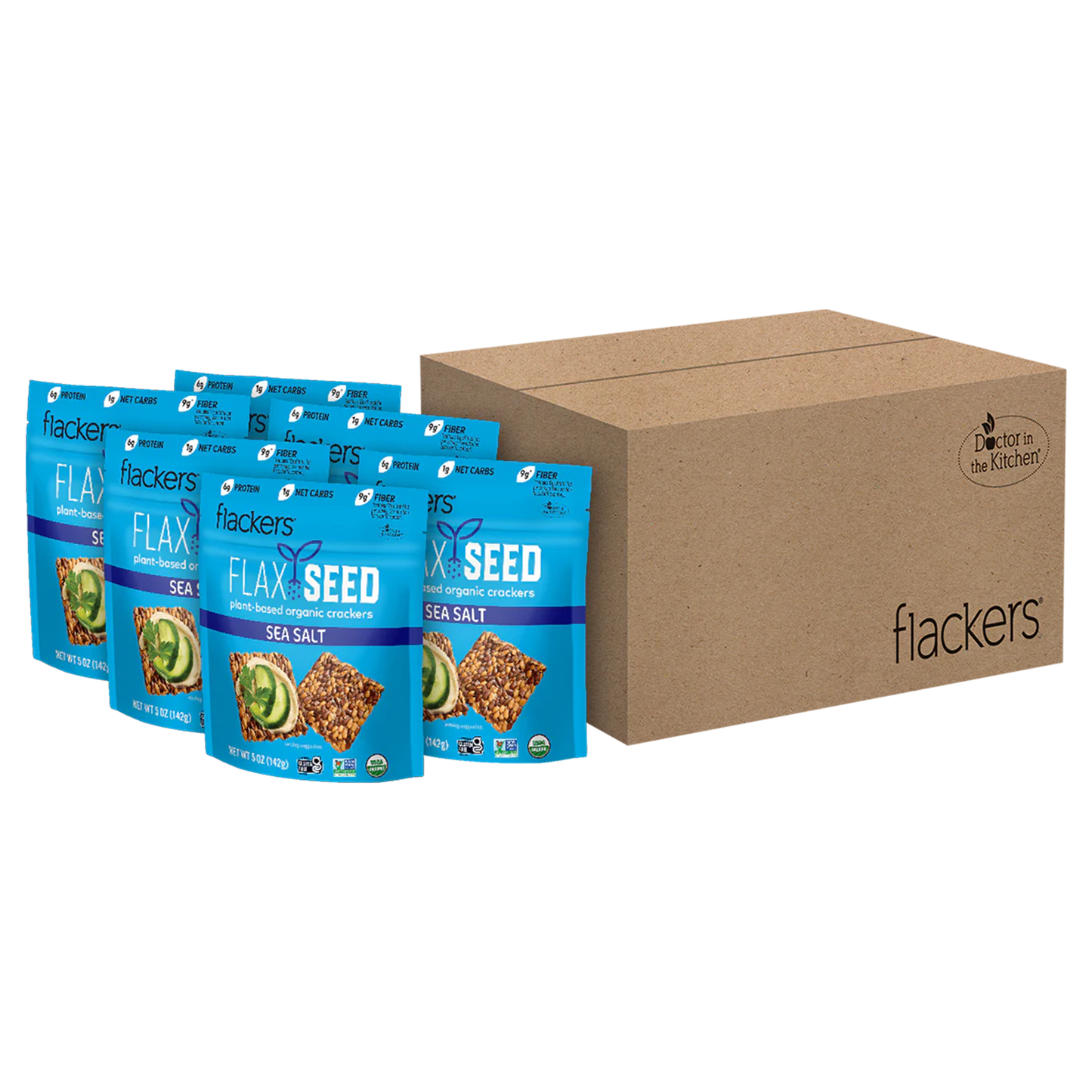 6-pack of Sea Salt Flackers organic flaxseed crackers with nutritional benefits and gluten-free, keto-friendly packaging
