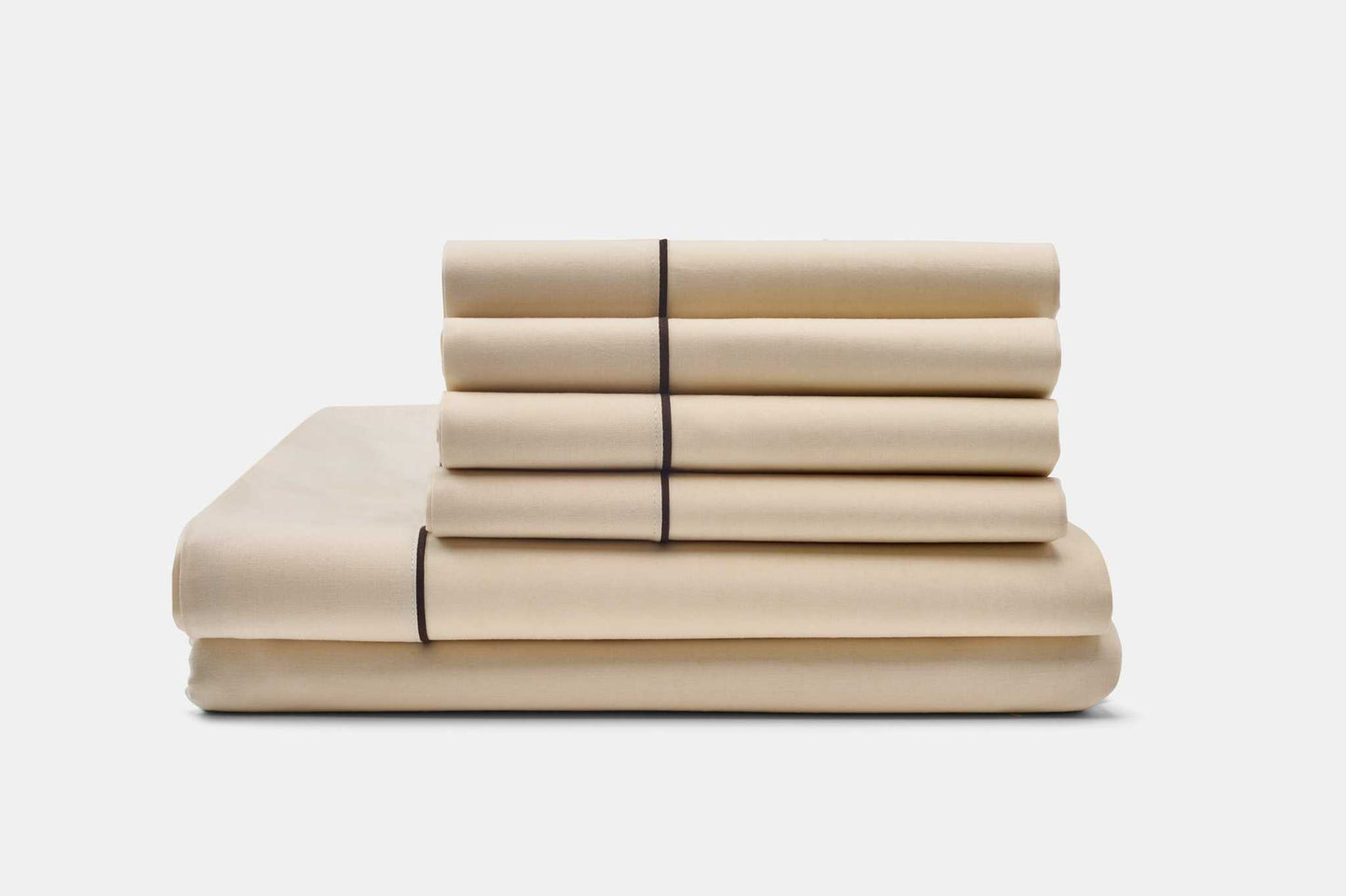 Natural color cotton piping design bed sheet set with brown trim
