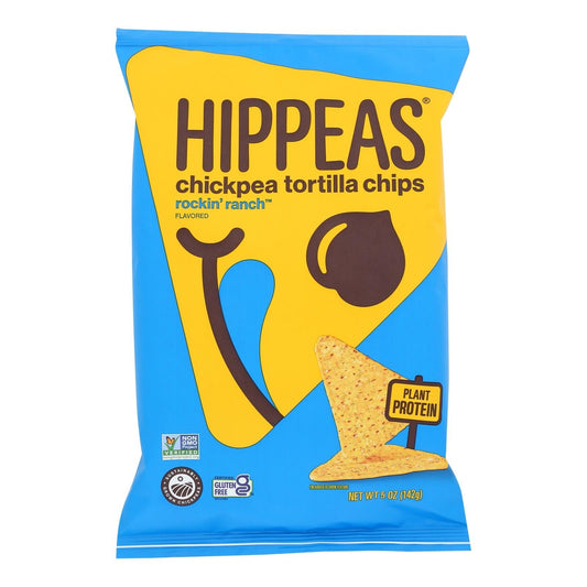 Hippeas Vegan Ranch chickpea tortilla chips in blue bag with plant protein label