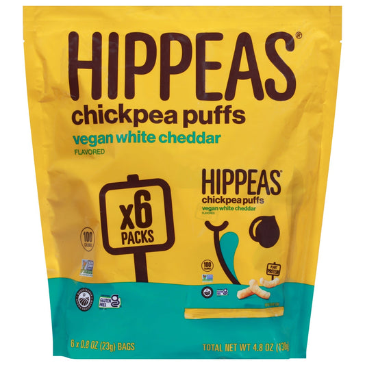 Hippeas Vegan White Cheddar Chickpea Puffs 6-pack snack bags, plant-based, organic, non-GMO, savory white cheddar flavor
