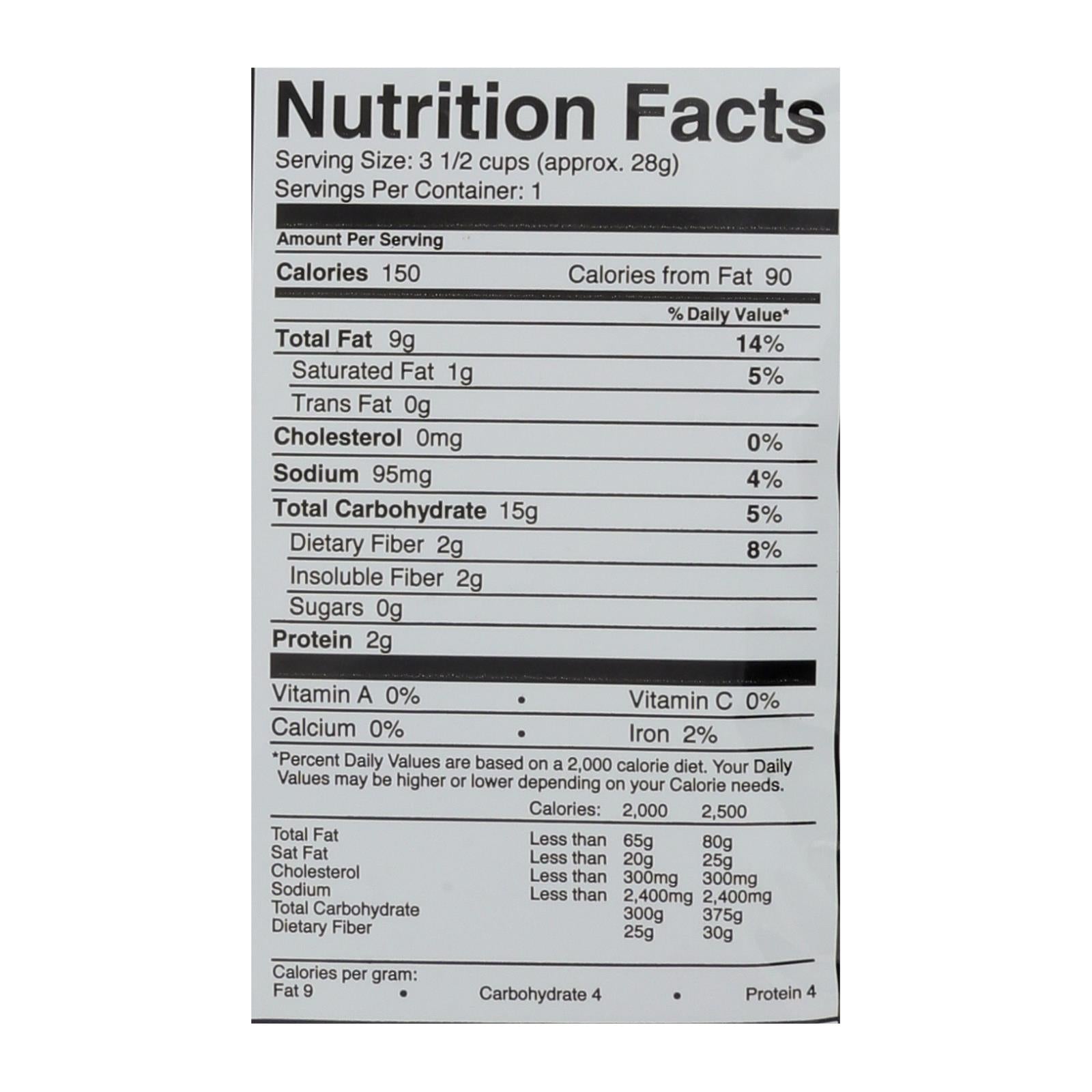 Skinnypop White Cheddar popcorn nutrition facts label showing calories fat sodium carbs and protein information