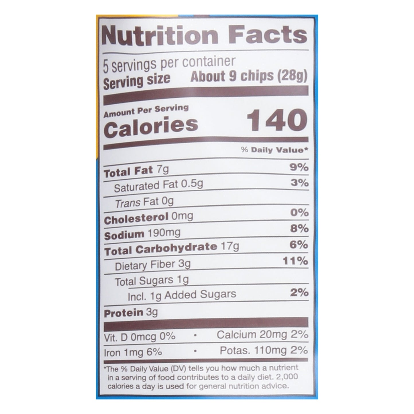 Hippeas Vegan Ranch tortilla chips nutrition facts label showing calories, fats, sodium, carbs, fiber, sugars, protein, and vitamins details