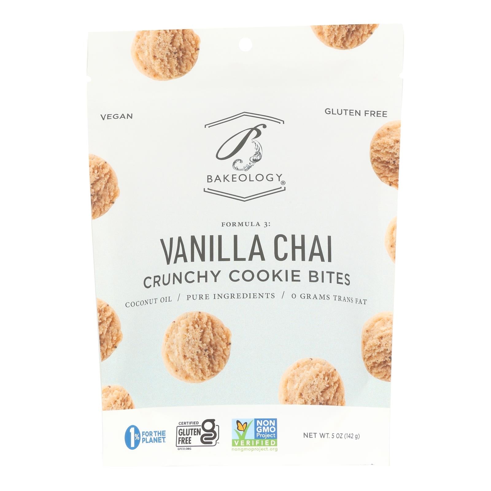 Bakeology gluten-free vegan vanilla chai crunchy cookie bites pack with multiple cookies on white packaging