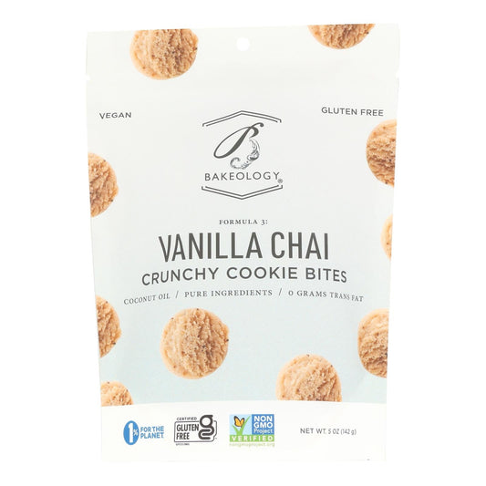 Bakeology gluten-free vegan vanilla chai crunchy cookie bites pack with multiple cookies on white packaging