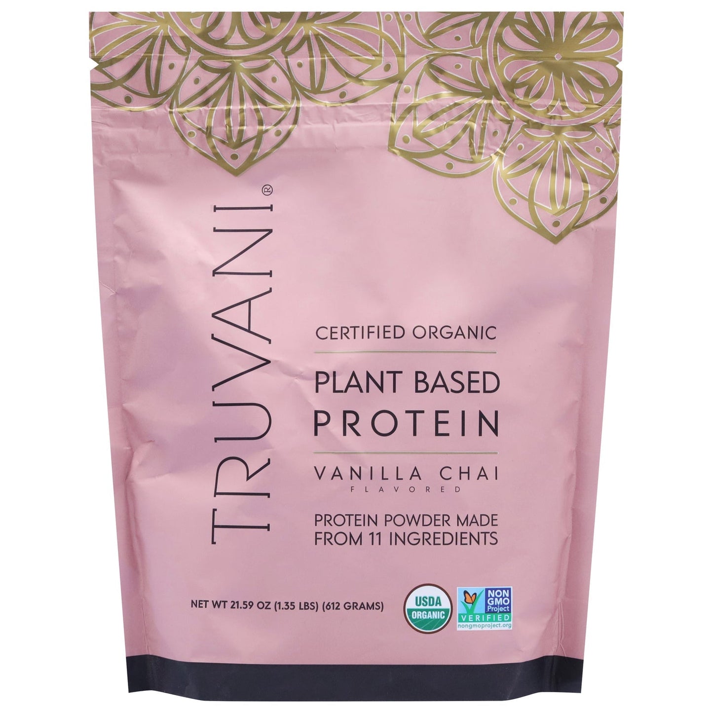 Truvani Organic Vegan Protein Powder Vanilla Chai flavor plant-based protein powder in 1.35 lb pink bag with organic and non-GMO certification