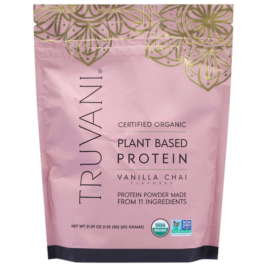 Truvani Organic Vegan Protein Powder Vanilla Chai flavor plant-based protein powder in 1.35 lb pink bag with organic and non-GMO certification