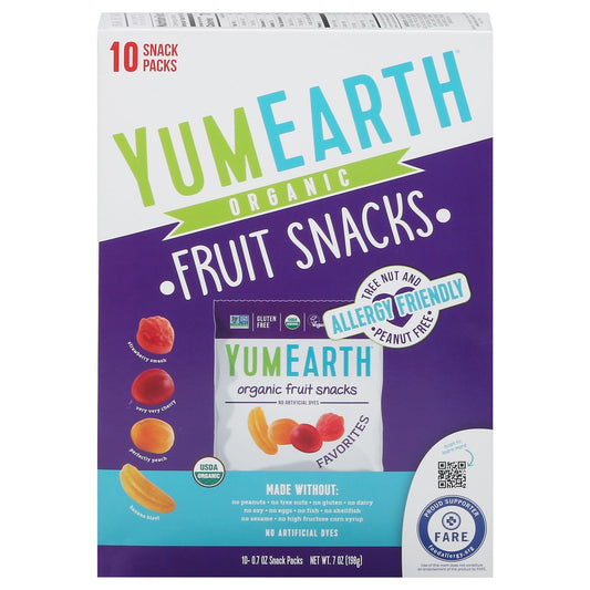 YumEarth Organic Fruit Snacks 7 oz box with 10 allergy-friendly, gluten-free, vegan snack packs in assorted fruit flavors