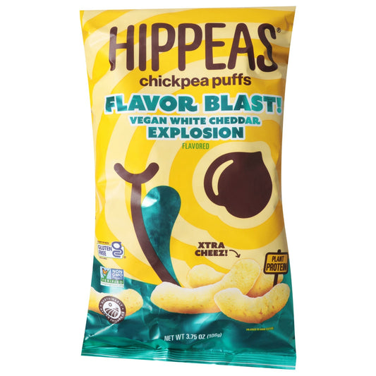 Hippeas Chickpea Puffs Vegan White Cheddar flavor bag with gluten-free and plant protein labels