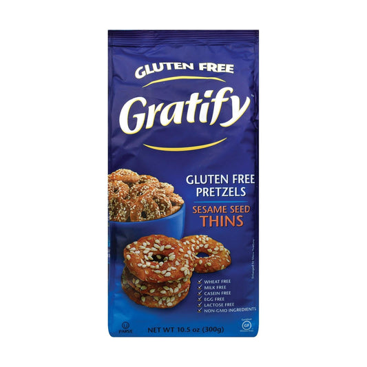 Gratify Gluten-Free Sesame Pretzel Thins 10.5 oz bag with crunchy, vegan, sesame seed snacks