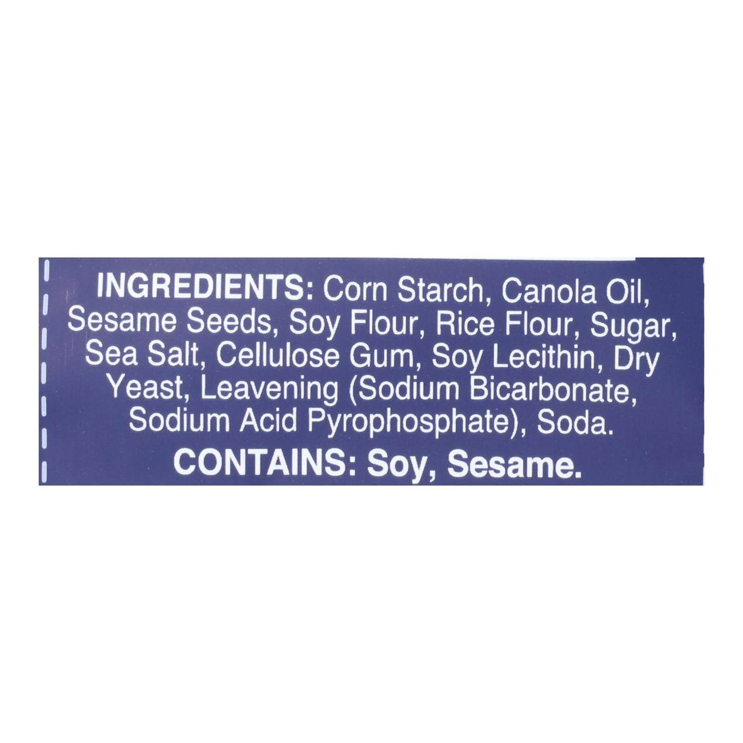 Gluten-Free Sesame Pretzel Thins ingredients label with soy and sesame allergens