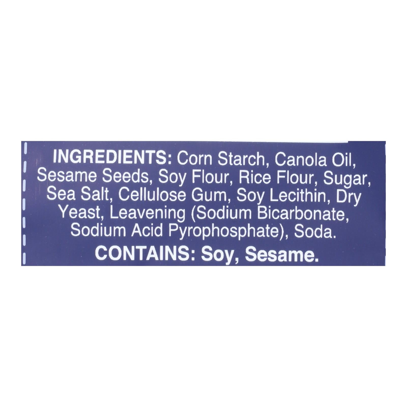 Gluten-Free Sesame Pretzel Thins ingredients label with soy and sesame allergens