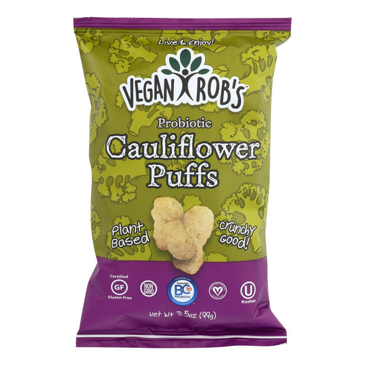 Vegan Rob's Probiotic Cauliflower Puffs 3.5oz pack with plant-based, gluten-free, non-GMO crunchy cheddar-flavored snack
