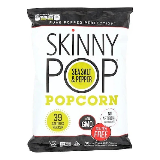 Skinny Pop Sea Salt & Black Pepper Popcorn 4.4 oz bag, non-GMO, gluten-free healthy snack with 39 calories per cup