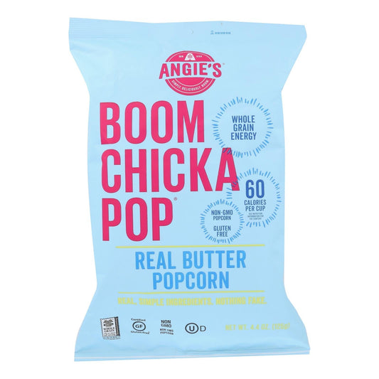 Angie's Kettle Corn Boom Chicka Pop real butter popcorn in blue bag, 4.4 oz, gluten-free, non-GMO snack