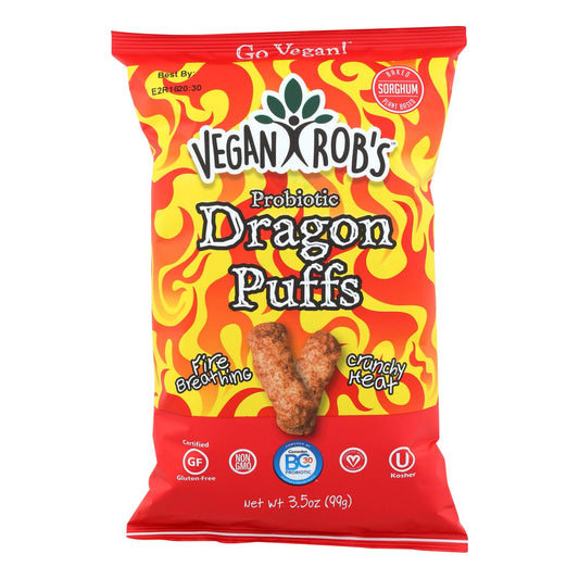 Vegan Rob's Dairy-Free Dragon Puffs pack with fiery red and yellow design, gluten-free, non-GMO, probiotic crunchy snack
