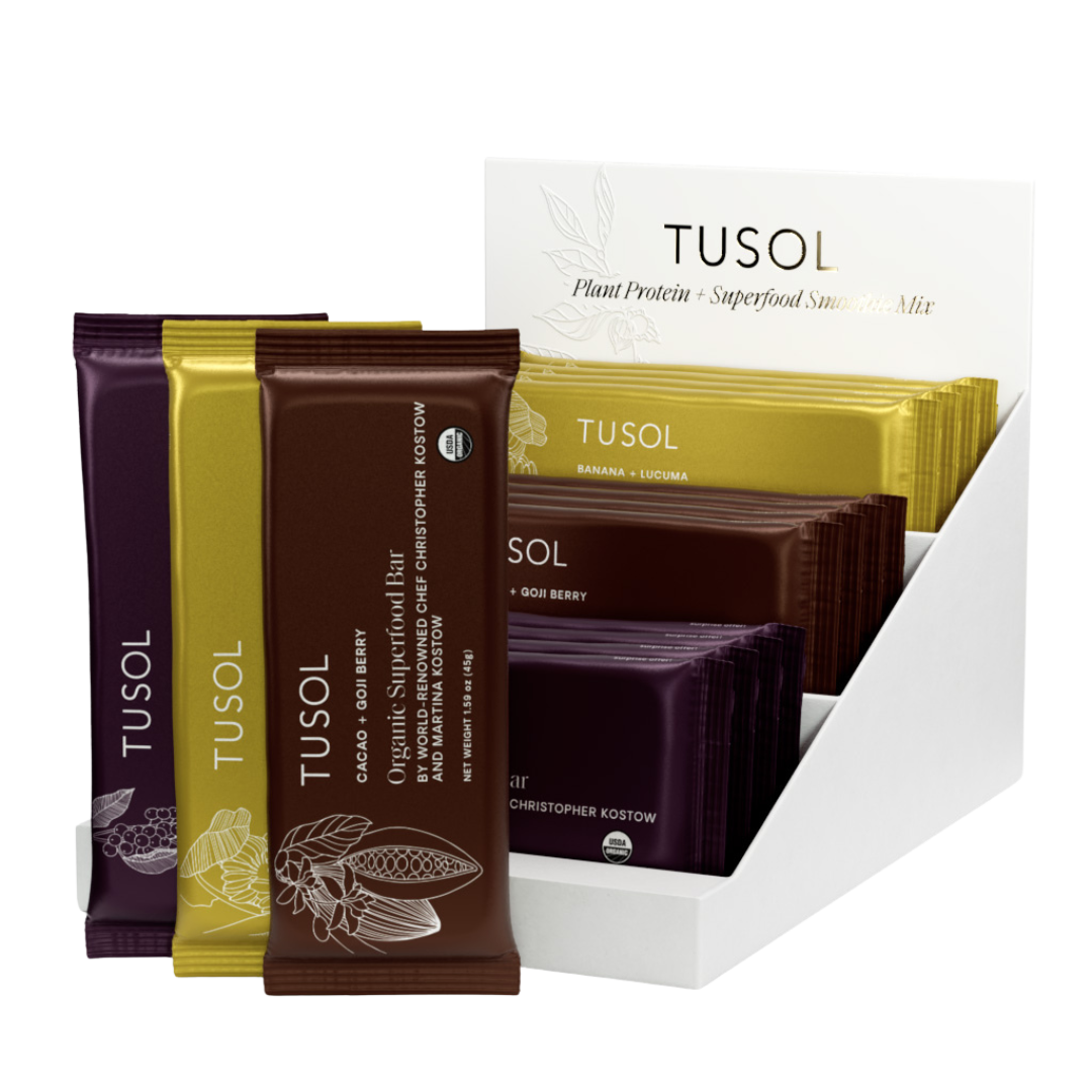 TUSOL Wellness Essentials Starter Kit with organic protein bars and superfood smoothie mix