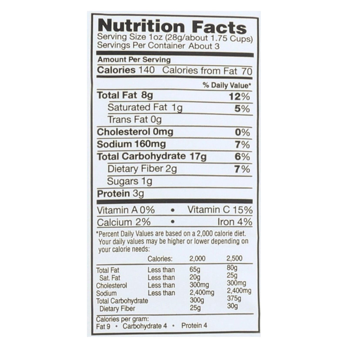 Vegan Rob's Probiotic Cauliflower Puffs nutrition facts label showing calories, fat, sodium, carbs, fiber, and protein per serving