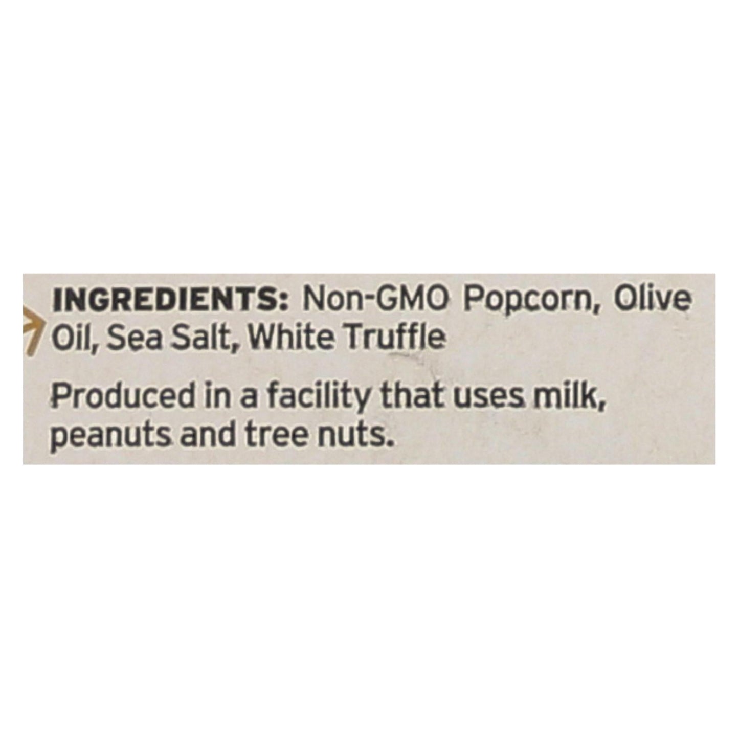 Close-up of Pipcorn Mini Popcorn ingredients label showing Non-GMO popcorn, olive oil, sea salt, and white truffle details