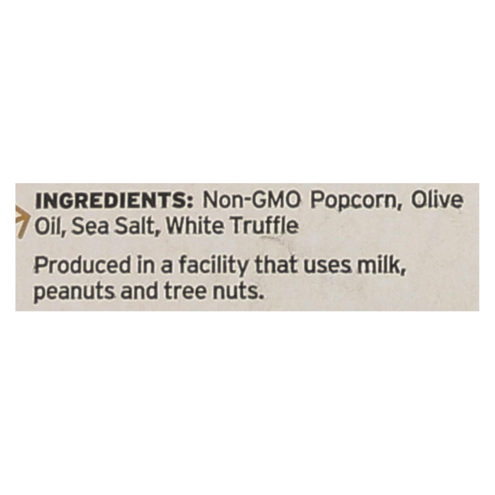 Close-up of Pipcorn Mini Popcorn ingredients label showing Non-GMO popcorn, olive oil, sea salt, and white truffle details