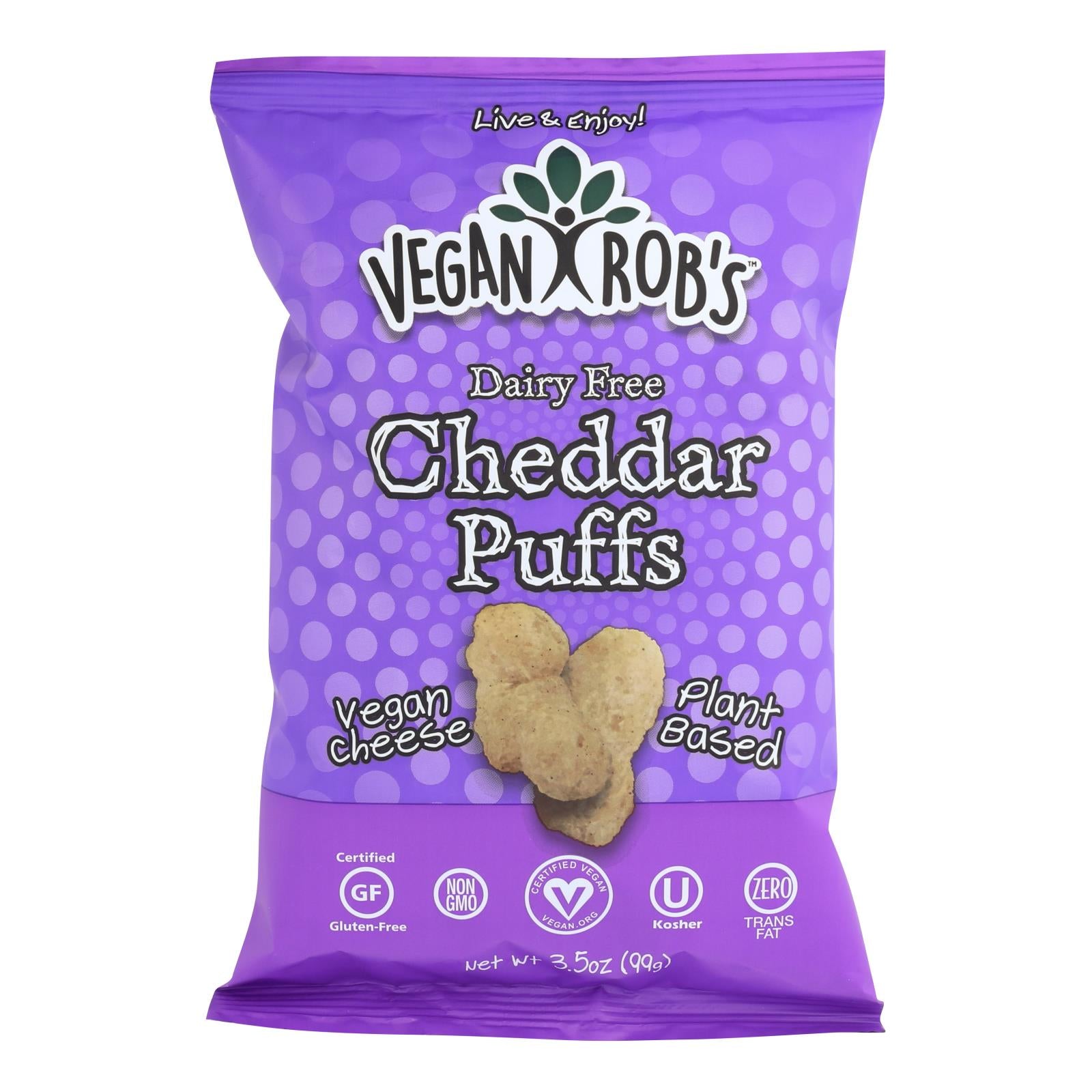 Vegan Rob's Dairy-Free Cheddar Puffs plant-based vegan cheese snack gluten-free kosher 3.5 oz bag