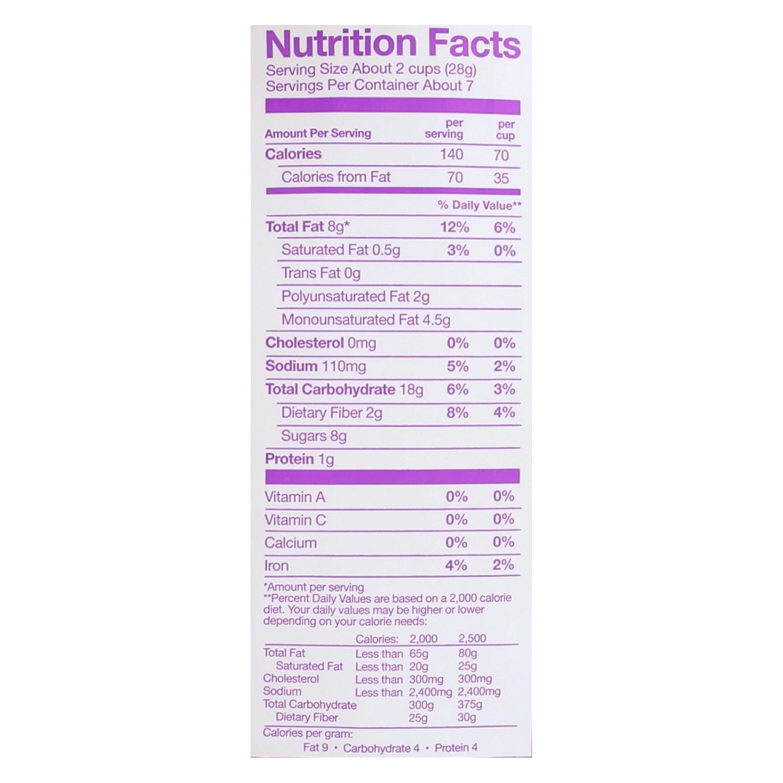 Nutrition facts label for Angie's Kettle Corn Boom Chicka Pop Sweet and Salty Popcorn showing calorie, fat, carbohydrate, and vitamin content.