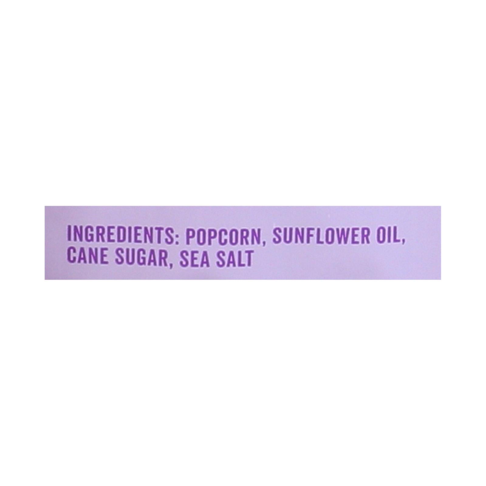 Angie's Kettle Corn Boom Chicka Pop Sweet and Salty Popcorn ingredients label showing popcorn, sunflower oil, cane sugar, and sea salt