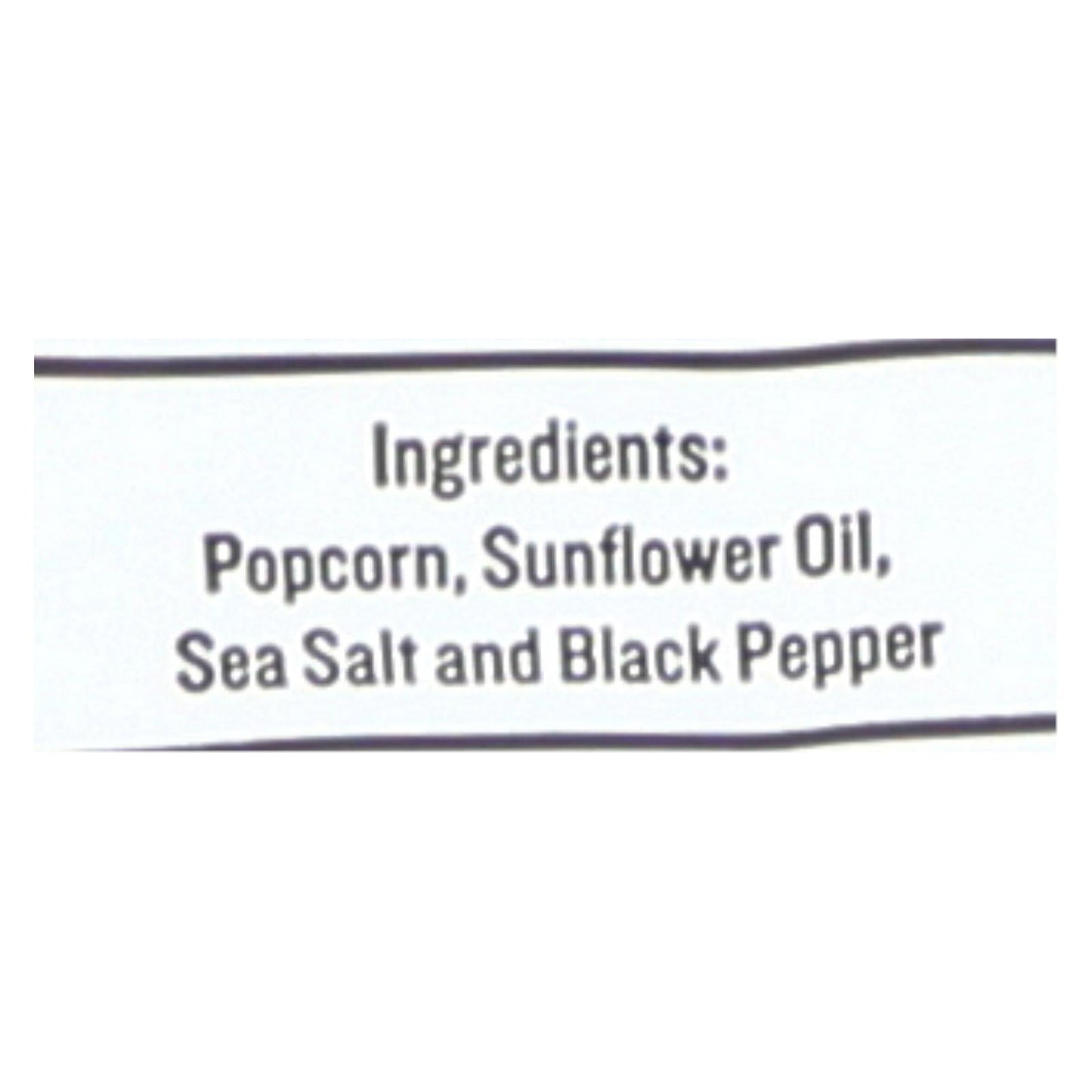 Skinny Pop Sea Salt & Black Pepper Popcorn ingredients label showing popcorn, sunflower oil, sea salt, and black pepper
