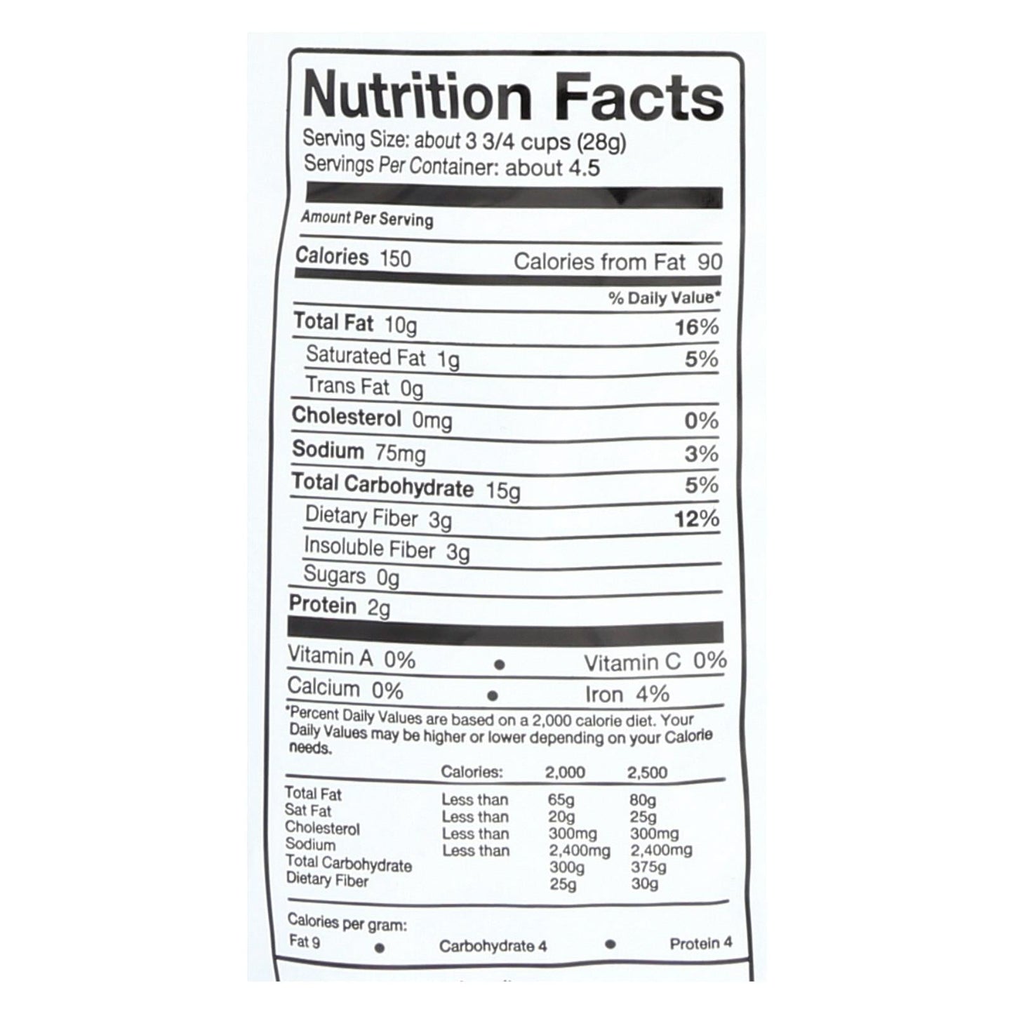 Skinny Pop Sea Salt & Black Pepper Popcorn nutrition facts label showing calories, fat, sodium, carbs, fiber, and protein content per serving