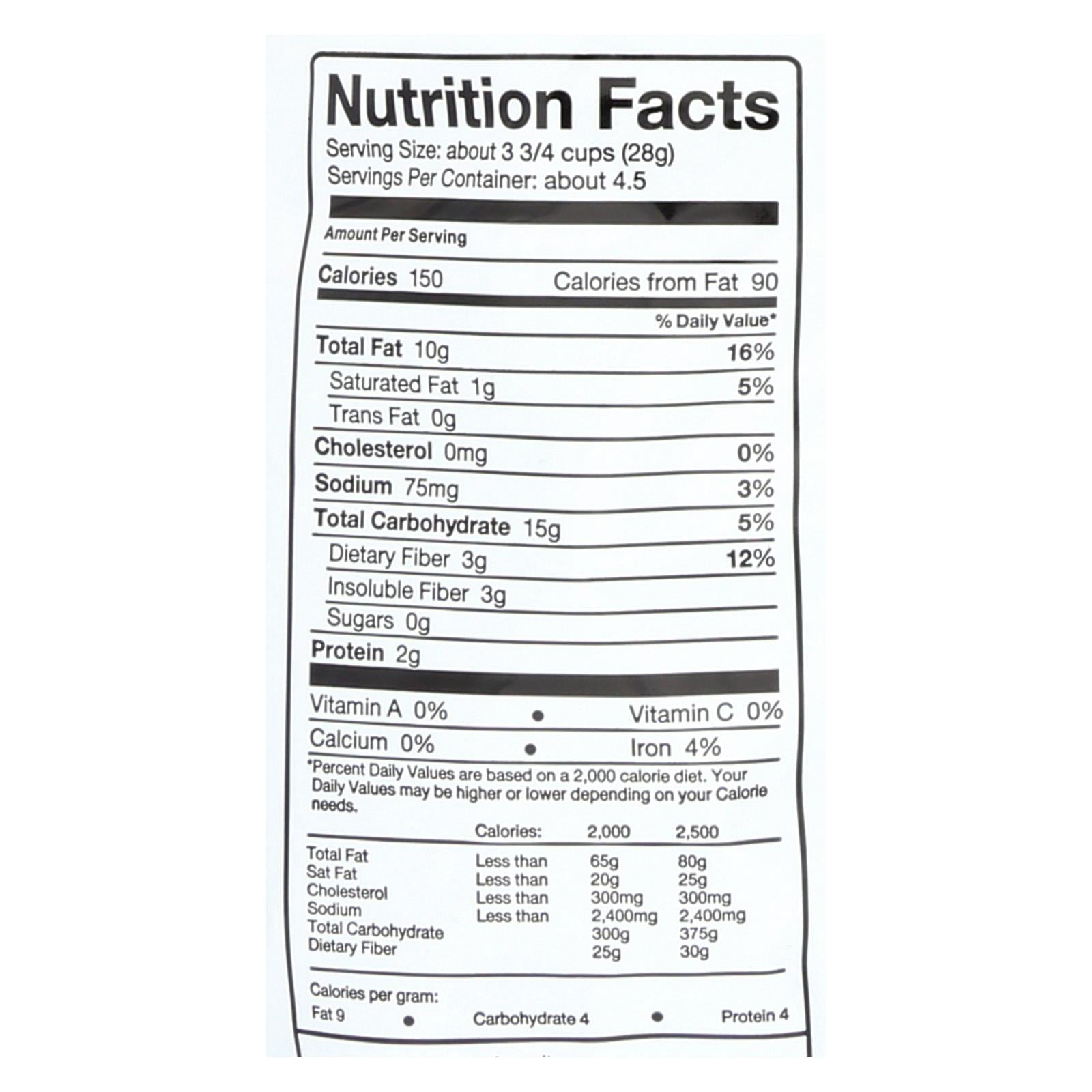 Skinny Pop Sea Salt & Black Pepper Popcorn nutrition facts label showing calories, fat, sodium, carbs, fiber, and protein content per serving