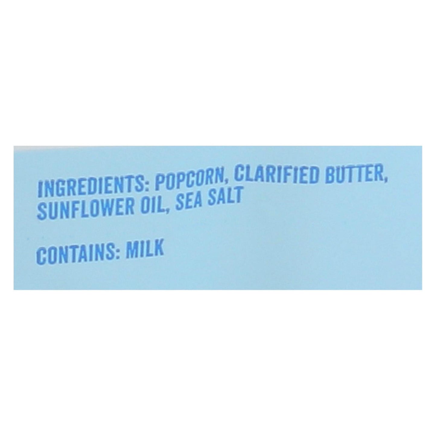 Angie's Kettle Corn popcorn with real butter, sea salt, and sunflower oil ingredients label