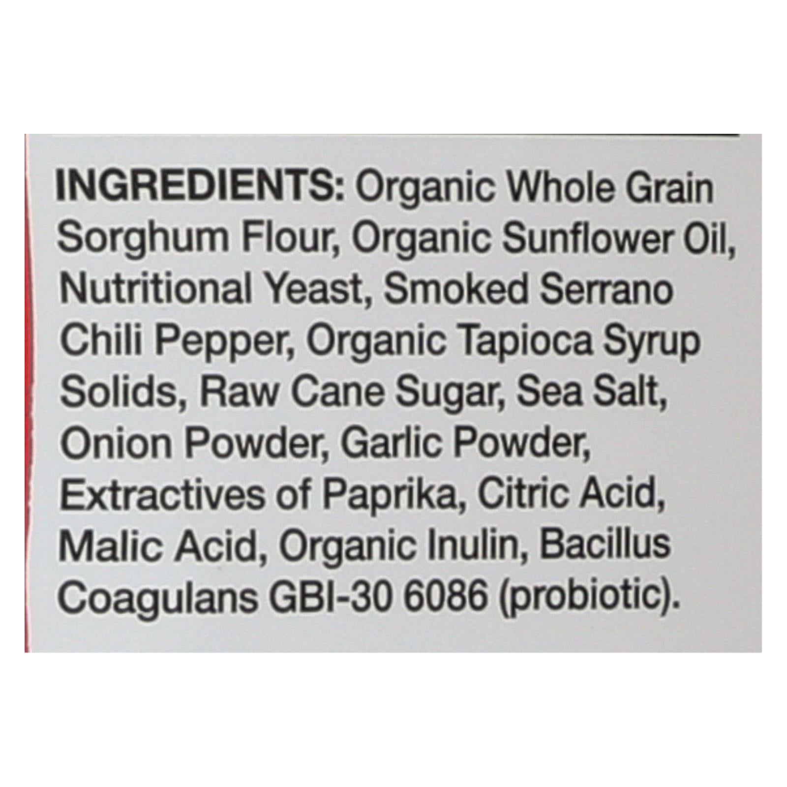 Close-up of Vegan Rob's Dairy-Free Dragon Puffs ingredients label showing organic whole grain sorghum flour, sunflower oil, nutritional yeast, and spices.