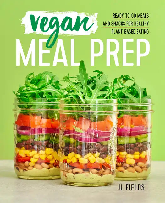 Vegan Meal Prep cookbook with colorful layered plant-based meals in jars for healthy eating