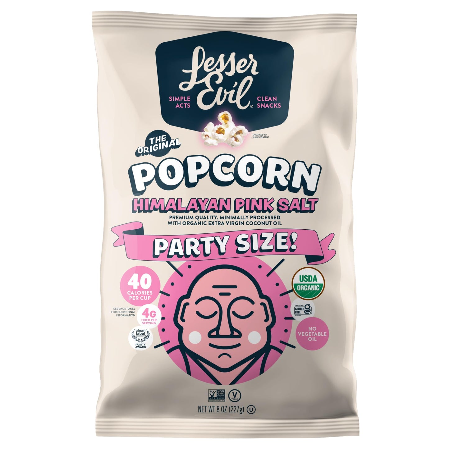 Lesser Evil Organic Popcorn Himalayan Pink Salt party size bag, USDA organic, gluten-free, 8 oz packaging