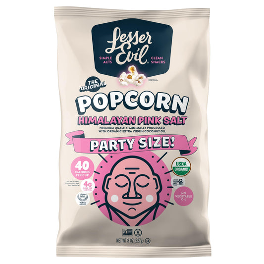 Lesser Evil Organic Popcorn Himalayan Pink Salt party size bag, USDA organic, gluten-free, 8 oz packaging