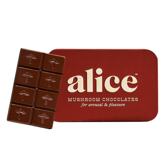 Organic dark chocolate bar with mushroom designs and red Alice branded packaging