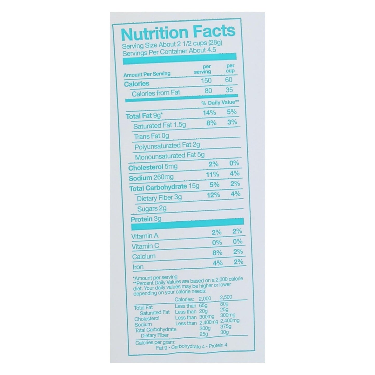Nutrition facts label for Angie's Kettle Corn Boom Chicka Pop White Cheddar Popcorn 12 pack 4.5 oz each