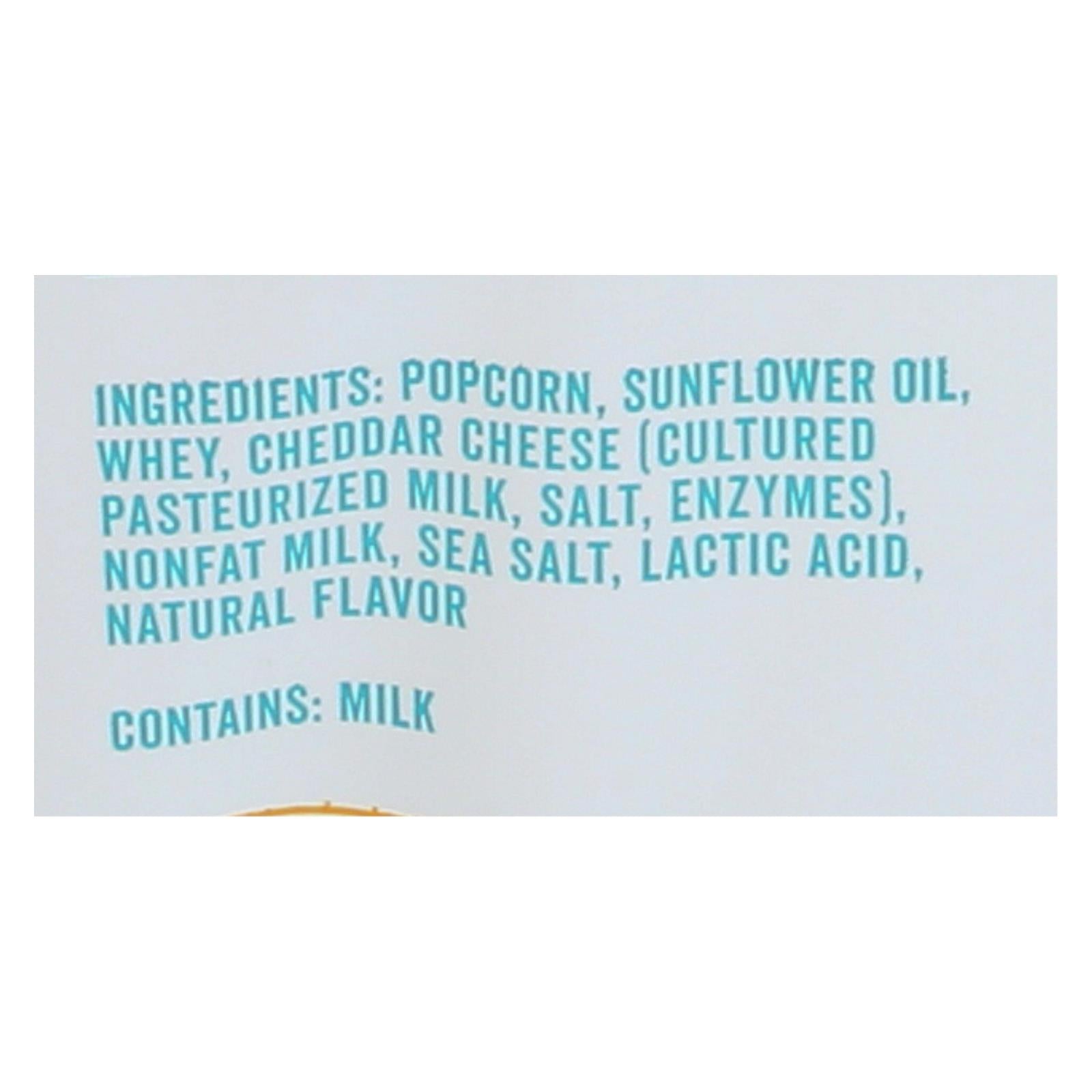 Close-up of Angie's Kettle Corn Boom Chicka Pop White Cheddar Popcorn ingredients label showing popcorn, sunflower oil, whey, cheddar cheese, milk, sea salt, and natural flavor.