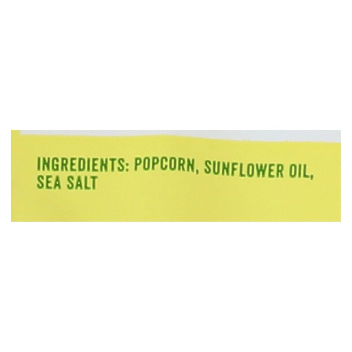 Angie's Kettle Corn Boom Chicka Pop sea salt popcorn ingredients label with popcorn, sunflower oil, and sea salt.