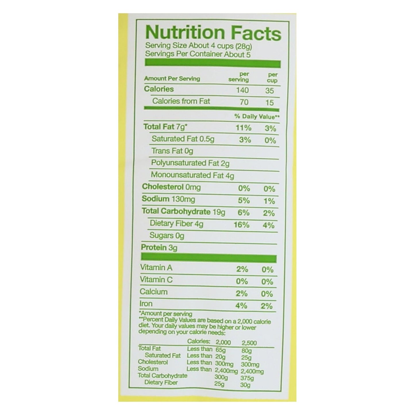 Angie's Kettle Corn Boom Chicka Pop Sea Salt Popcorn nutrition facts label showing calories, fat, sodium, carbohydrate, fiber, and protein per serving.