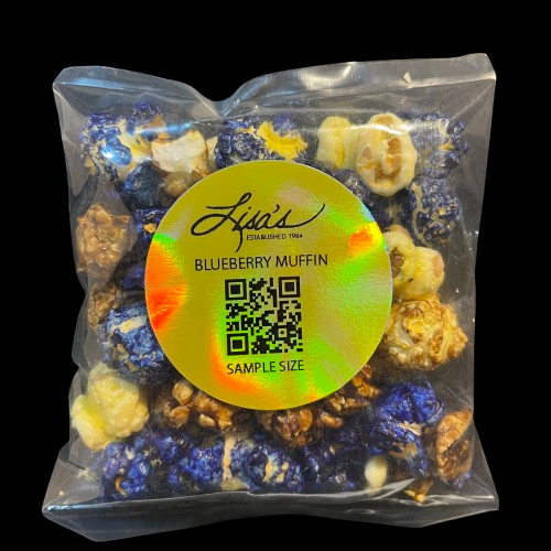 sample size bag of blueberry muffin popcorn with blue and white candied coating