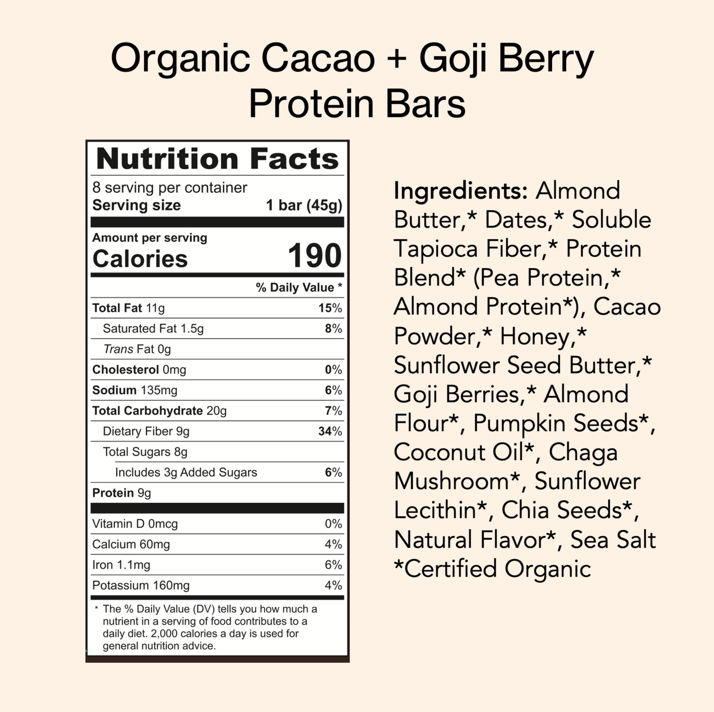 Cacao + Goji Berry organic protein bar with plant-based protein, adaptogens, and superfoods, clean ingredients, and low sugar.