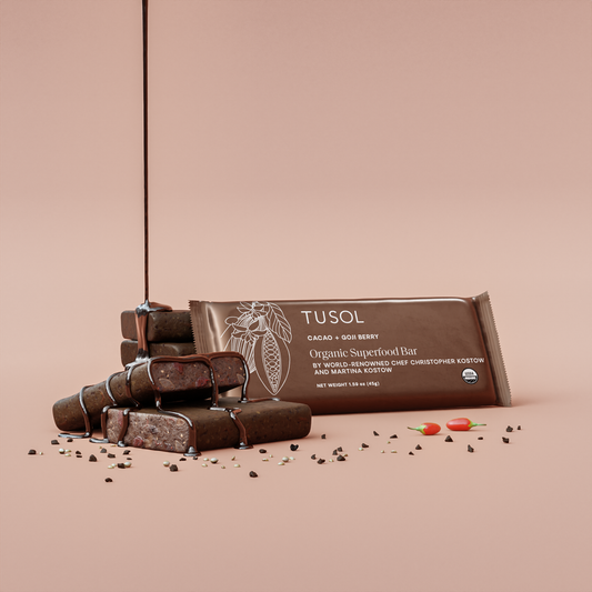 Cacao + Goji Berry organic protein bar with superfoods and clean ingredients, stacked and drizzled with chocolate.